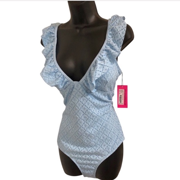 Betsey Johnson Clear sky blue 1piece Ruffle strap eyelet Swimsuit‎ size medium - Picture 3 of 16